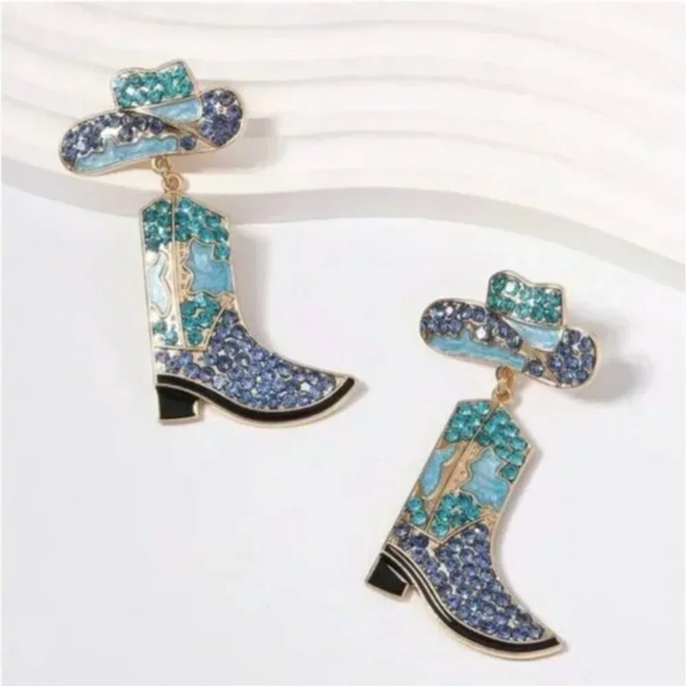 ⭐️❤️ FREE Rhinestone Cowboy Boots Nashville Party Hipster Rock Country Earrings